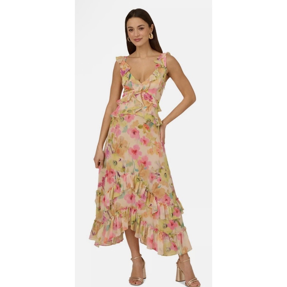 Adrianna Papell Chiffon Dress Ruffled Hi-Low Maxi Pink Floral Size 16W